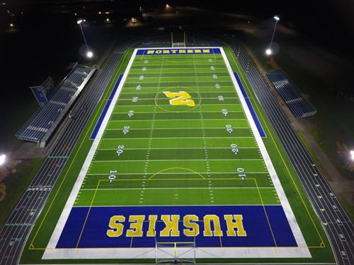 Aerial view of the Northern Garrett High School athletic field from the end zone.